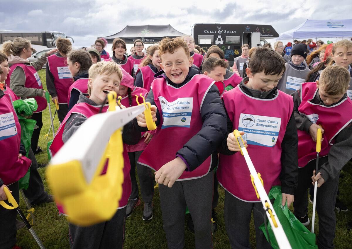 Pictured getting ready for a beach clean on Garryvoe beach are pupils from Castlemartyr National School. Photo: Cathal Noonan