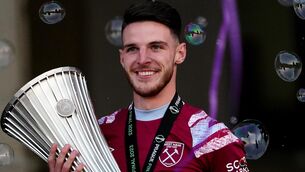 <p>FINAL ACT?: West Ham United's Declan Rice celebrates with the Europa Conference League trophy. Pic: PA</p>