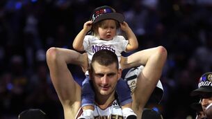 <p>GOLDEN NUGGET: Denver's Nikola Jokic celebrates with his daughter Ognjena after a 94-89 victory pver the Miami Heat in Game Five of the 2023 NBA Finals</p>