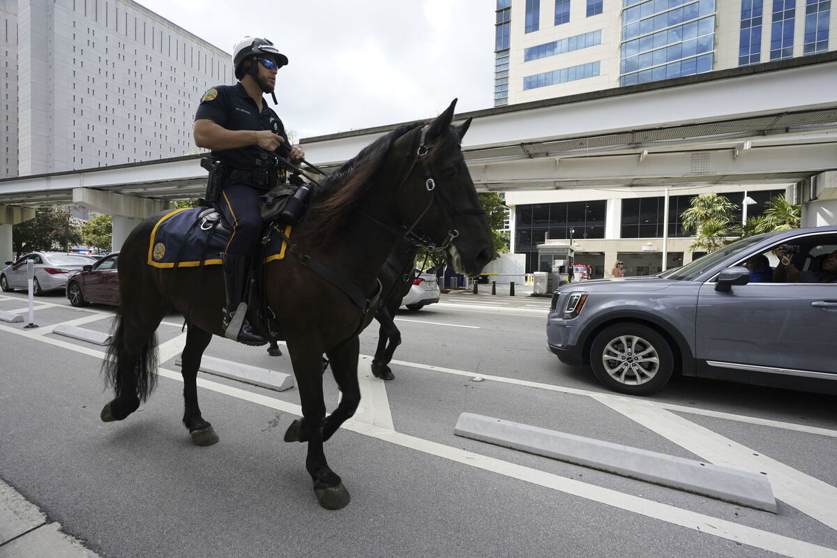 Mounted police ride around the Wilkie D. Ferguson Jr. U.S. Courthouse, Tuesday, June 13, 2023, in Miami. Picture: AP Photo/Chris O'Meara