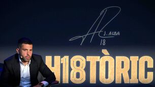 <p>BACK IN THE FOLD: Spanish defender Jordi Alba at his Barcelona farewell event. Pic: LLUIS GENE / AFP</p>