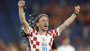<p>FINAL: Croatia's Luka Modric celebrates. (AP Photo/Peter Dejong)</p>