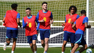 <p>TARGET: England's Declan Rice (centre) and team-mates during a training session at St George's Park.  Picture: Martin Rickett/PA Wire.</p>