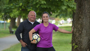<p> Alannah Mc Evoy, Irish International and Shamrock Rovers with her dad Brian. Photograph Moya Nolan</p>
