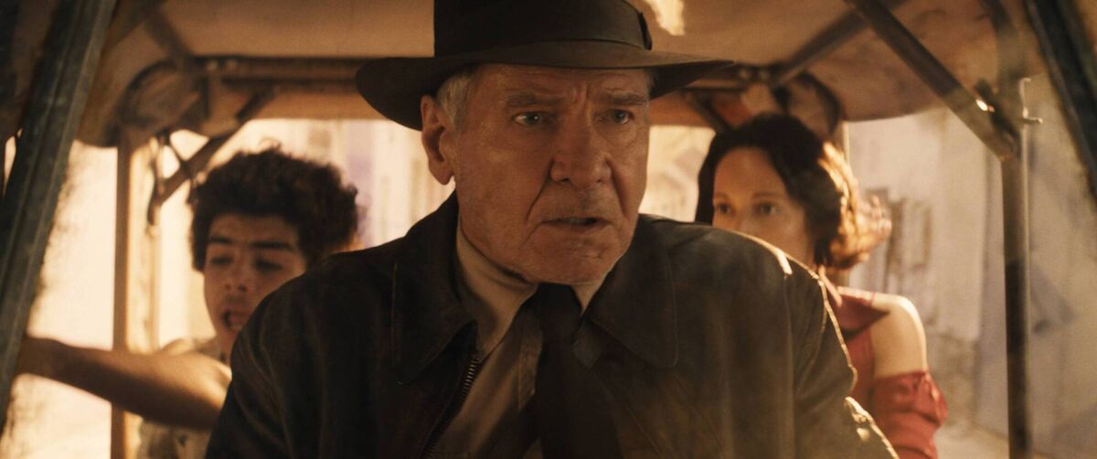 (L-R): Teddy (Ethann Isidore), Indiana Jones (Harrison Ford) and Helena (Phoebe Waller-Bridge) in Lucasfilm's INDIANA JONES AND THE DIAL OF DESTINY. (L-R): Teddy (Ethann Isidore), Indiana Jones (Harrison Ford) and Helena (Phoebe Waller-Bridge) in Lucasfilm's INDIANA JONES AND THE DIAL OF DESTINY.