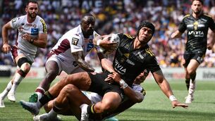 <p>La Rochelle's centre Ulupano Seuteni is tackled in last Saturday's French Top 14 semi-final against Bordeaux-Begles</p>