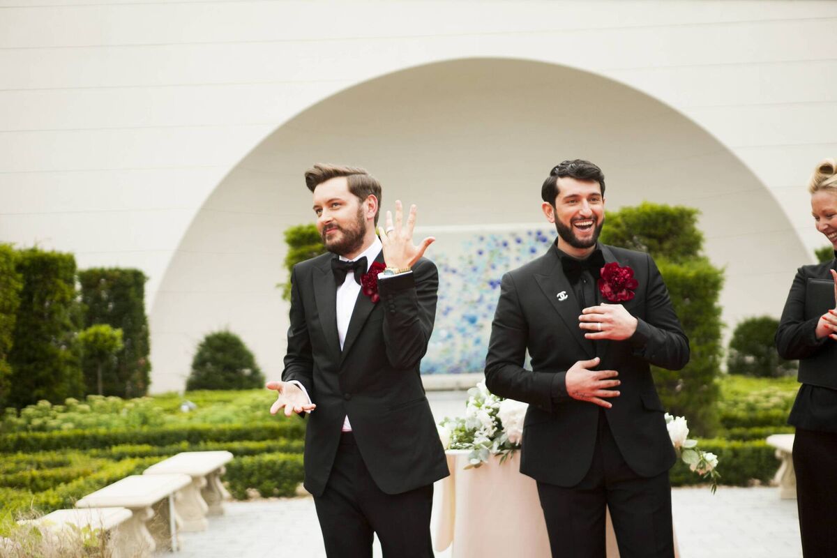 Brian Dowling with husband Arthur at their wedding