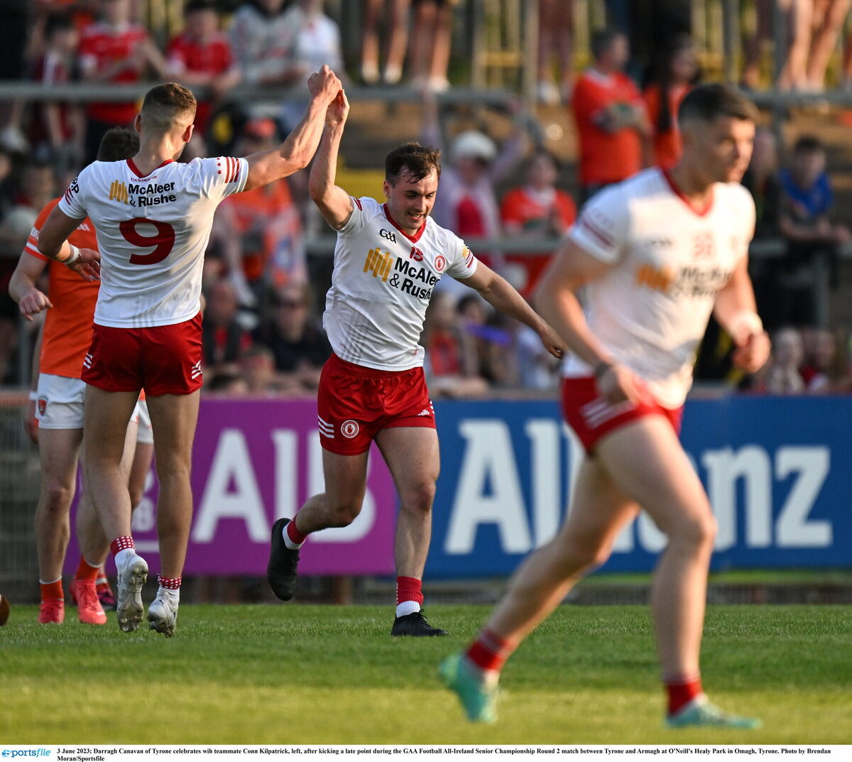 EXPECTED WINNERS: Darragh Canavan of Tyrone celebrates with teammate Conn Kilpatrick, left. Pic: Brendan Moran/Sportsfile