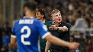 <p>Ireland's manager Stephen Kenny reacts during the defeat by Greece in Athens</p>