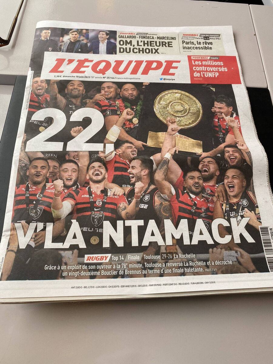 The cover of Sunday's L'Equipe after Toulouse snatched the Top 14 final from La Rochelle