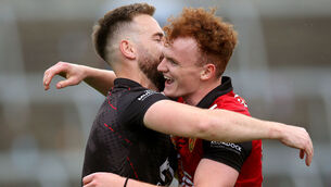 <p>JOYOUS: Down’s Niall Kane and Danny Magill celebrate. Pic: ©INPHO/Leah Scholes</p>