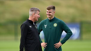 <p>Manager Stephen Kenny and Evan Ferguson during a Republic of Ireland training session at the FAI National Training Centre in Abbotstown, Dublin. Picture: Stephen McCarthy/Sportsfile</p>