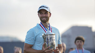 <p>Wyndham Clark holds the holds the trophy after winning the U.S. Open golf tournament at Los Angeles Country Club on Sunday, June 18, 2023, in Los Angeles. (AP Photo/George Walker IV)</p>