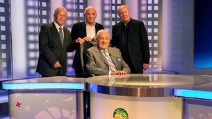 <p>Bill O'Herlihy pictured with John Giles, Eamon Dunphy and Liam Brady ahead of the FIFA 2014 World Cup Final as Bill prepared for his final broadcast for RTE Television </p>