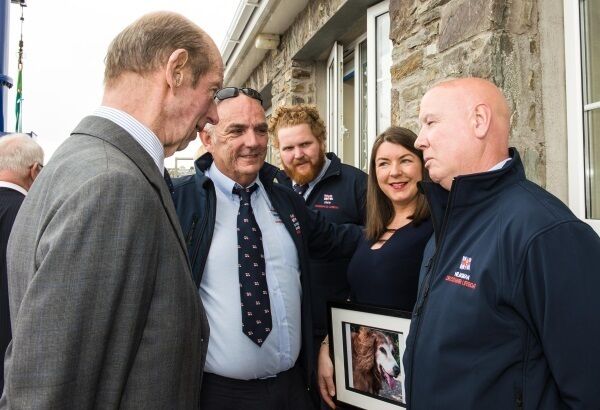 HRH The Duke of Kent, meets Laura O'Mahony, who was saved from mudflats near Rochestown, along with her dog, Sam, by Crosshaven RNLI volunteers, Denis Cronin and Vincent Fleming. Included is Patsy Fegan, the station's operations manager.. Pictures: Jon Mathers / RNLI HRH The Duke of Kent, meets Laura O'Mahony, who was saved from mudflats near Rochestown, along with her dog, Sam, by Crosshaven RNLI volunteers, Denis Cronin and Vincent Fleming. Included is Patsy Fegan, the station's operations manager.. Pictures: Jon Mathers / RNLI