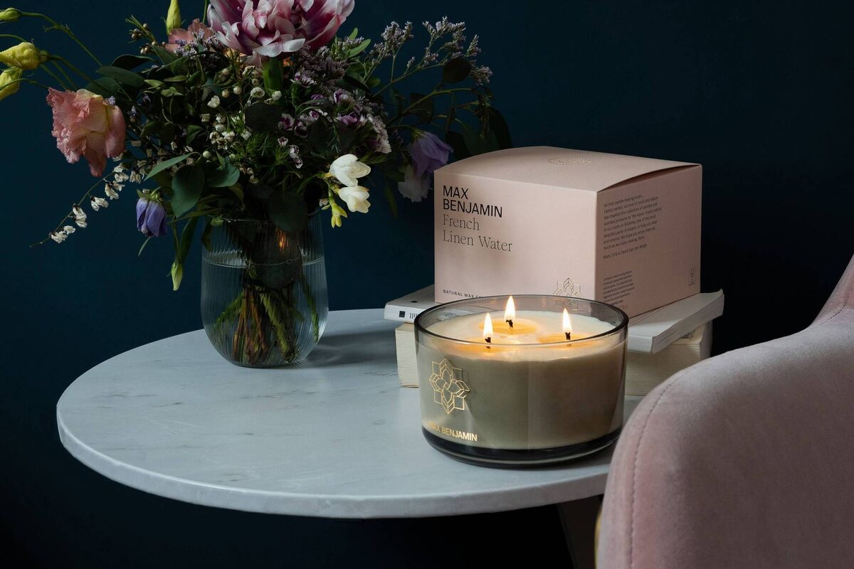 Max Benjamin French Linen Water three-wick candle.