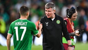 <p>DEAR JONATHAN: Republic of Ireland manager Stephen Kenny with Jason Knight of Republic of Ireland after the UEFA EURO 2024 Championship qualifying group B match win over Gibraltar. Pic: Stephen McCarthy/Sportsfile</p>