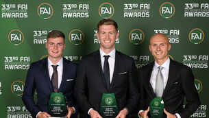 <p>YOUNG GUNS: Award winners, from left, Evan Ferguson, Young Men’s Player of the Year, Nathan Collins, Men’s Senior Player of the Year, and Will Smallbone, Men’s U21 Player of the Year, during the FAI 33rd International Awards. Pic: Stephen McCarthy/Sportsfile</p>