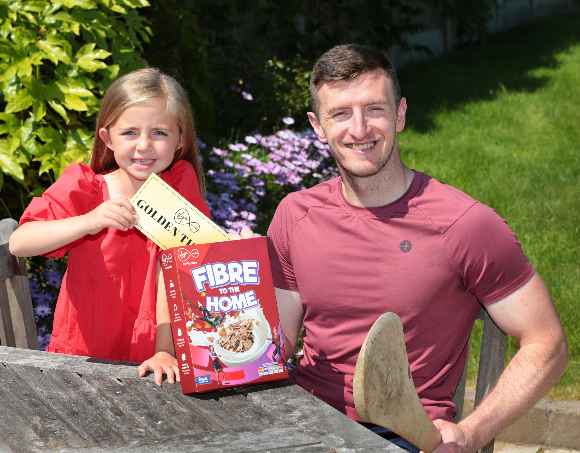 NOT FINISHED YET: Imani Grimes with Cork GAA legend Patrick Horgan pictured as Virgin Media announced that it will deliver thousands of boxes of fibre (cereal) to homes across Cork on Tuesday, June 27th with thousands of euro of prizes to be won for lucky homeowners who find a Golden Ticket inside. 