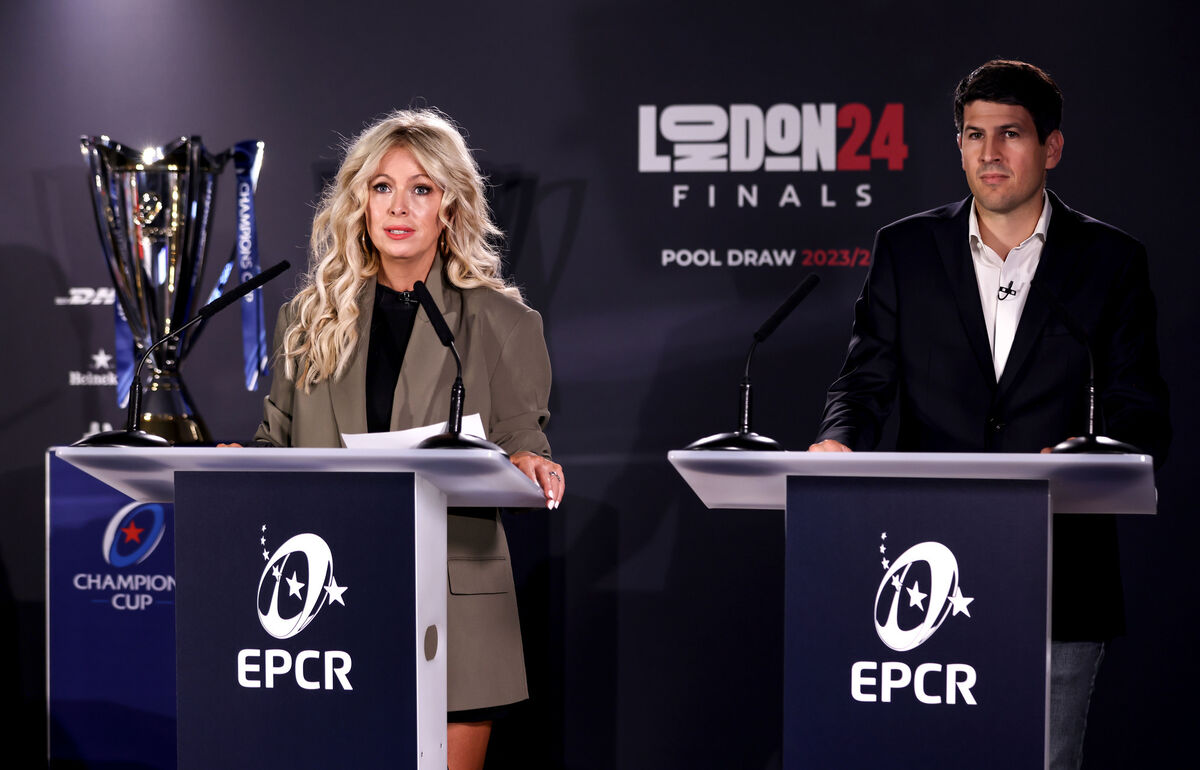 Sarra Elgan with Vincent Pochulu at the 2023-2024 EPCR European Rugby Heineken Champions Cup & European Rugby Challenge Cup Pool Draws, Tottenham Hotspur Stadium. Pic: ©INPHO/Dan Sheridan Sarra Elgan with Vincent Pochulu at the 2023-2024 EPCR European Rugby Heineken Champions Cup & European Rugby Challenge Cup Pool Draws, Tottenham Hotspur Stadium. Pic: ©INPHO/Dan Sheridan
