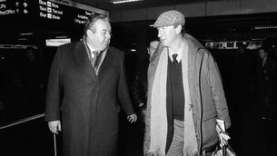 <p>Joe Delaney, assistant honorary treasurer of the FAI, accompanies Jack Charlton at Dublin airport four days after his appointment as Republic of Ireland manager. Dublin. Photo by Ray McManus/Sportsfile</p>