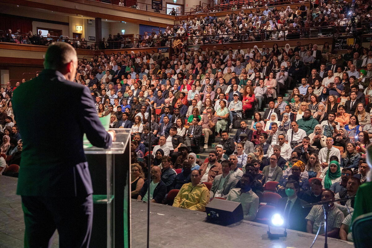 Candidates listen to Minister of State at the Department of Further and Higher Education, Research, Innovation and Science Niall Collins at the Citizenship Ceremonies Day 2 at the INEC, Killarney on Tuesday. Photo: Don MacMonagle