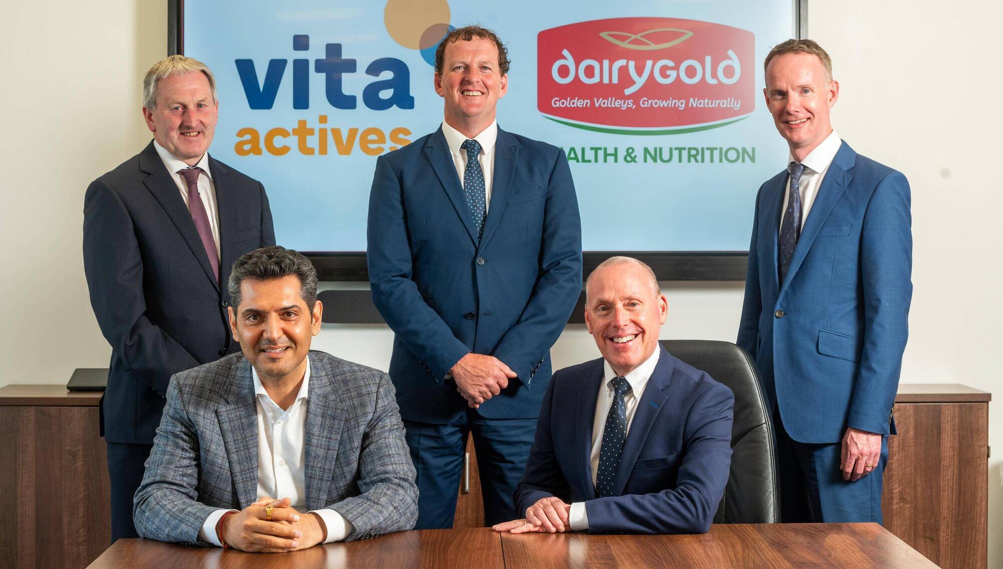 Pictured at the announcement of Dairygold’s acquisition of Vita Actives are (seated) Deepak Sharma, CEO Vita Actives; George MacLeod, General Manager Dairygold Health and Nutrition; (standing) Gerard O’ Dwyer, Dairygold Vice Chairman; Sean O’ Brien, Dairygold Chairman and Conor Galvin, Dairygold CEO. Picture. John Allen 