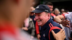 <p>MOMENTUM: Cork manager John Cleary celebrates with supporters after the GAA Football All-Ireland Senior Championship Round 3 match between Cork and Mayo at TUS Gaelic Grounds in Limerick. Pic: Eóin Noonan/Sportsfile</p>