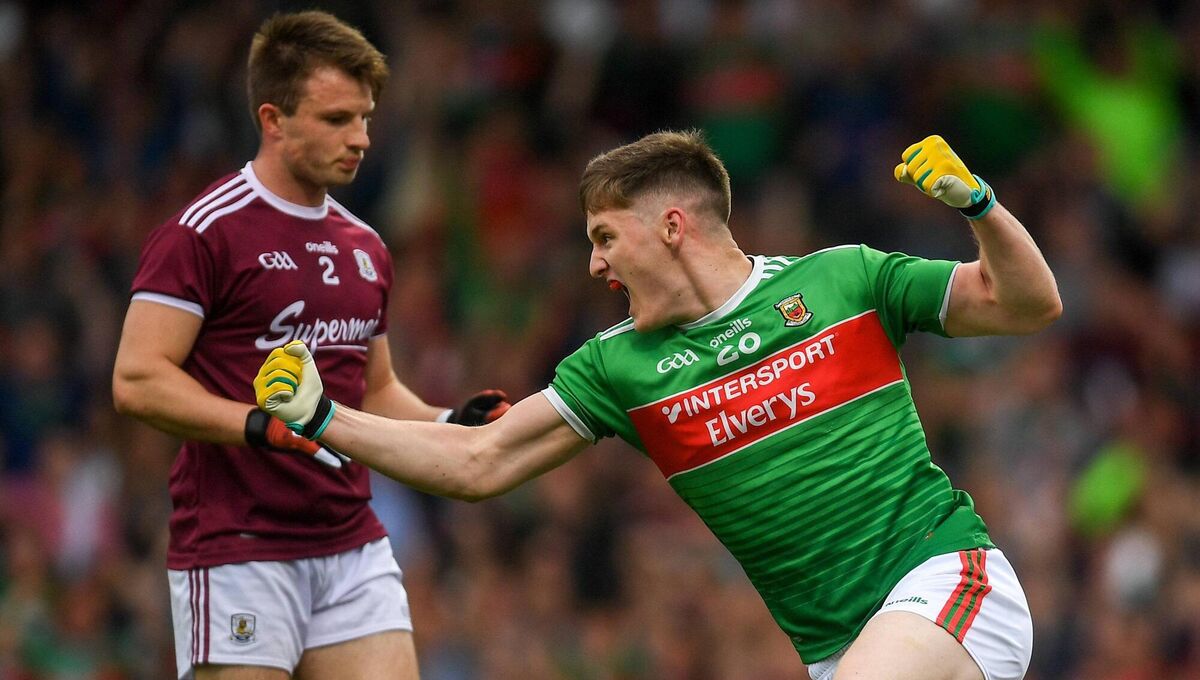 CLOSE RUN AFFAIR: James Carr of Mayo celebrates after scoring his side's first goal during the GAA Football All-Ireland Senior Championship Round 4 match between Galway and Mayo at the LIT Gaelic Grounds in Limerick. Pic: Eóin Noonan/Sportsfile