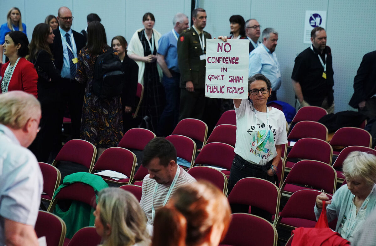 Protestors attend the Consultative Forum on International Security Policy at University of Galway. Picture: Brian Lawless/PA Wire
