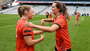 <p>VICTORY: Aimee Mackin of Armagh, right, celebrates with team-mate Louise Kenny after their side's victory in the Lidl Ladies Football National League Division 2 final win over Laois at Croke Park. Pic: Sam Barnes/Sportsfile </p>