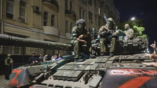 <p>Members of the Wagner Group military company sit atop of a tank on a street in Rostov-on-Don, Russia, prior to leaving an area at the headquarters of the Southern Military District. Picture: AP Photo</p>