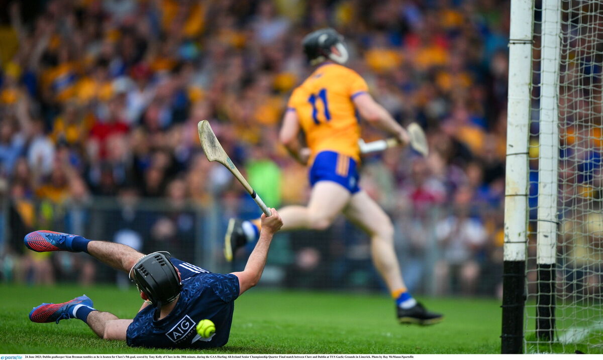 I REALLY LIKE TONY: Dublin goalkeeper Séan Brennan tumbles as he is beaten for Clare's 5th goal, scored by Tony Kelly. Photo by Ray McManus/Sportsfile I REALLY LIKE TONY: Dublin goalkeeper Séan Brennan tumbles as he is beaten for Clare's 5th goal, scored by Tony Kelly. Photo by Ray McManus/Sportsfile