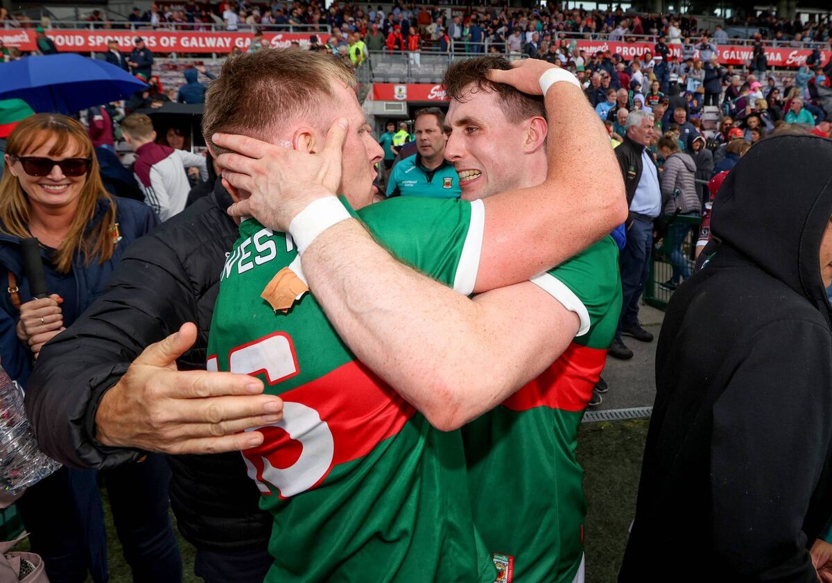 Mayo’s Ryan O'Donoghue and Paddy Durcan celebrate.