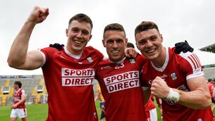 <p>LAST EIGHT: Cork players Luke Fahy, John O’Rourke and Daniel O’Mahony celebrate. Photo by Tom Beary/Sportsfile</p>