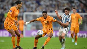 <p>WANTED MAN: Jurriën Timber of Netherlands battles for possession with Julian Alvarez of Argentina during 2022 World Cup quarter-final. Pic: Matthias Hangst/Getty Images</p>