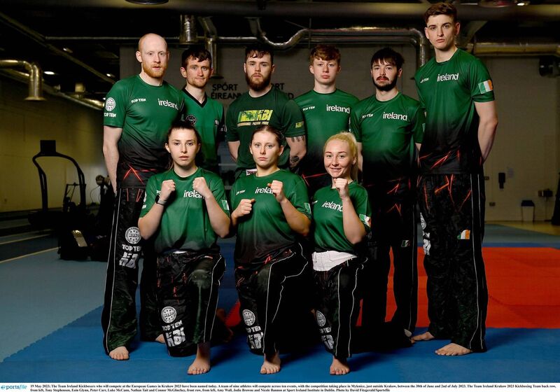 The Team Ireland Krakow 2023 Kickboxers - back row, from left, Tony Stephenson, Eoin Glynn, Peter Carr, Luke McCann, Nathan Tait and Connor McGlinchey, front row, from left, Amy Wall, Jodie Browne and Nicole Bannon at Sport Ireland Institute in Dublin. Pic: David Fitzgerald/Sportsfile 