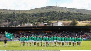 <p>SHOULDER TO SHOULDER: Ireland sing the national anthem before the U20 Rugby World Cup match against England. Photo by Shaun Roy/Sportsfile</p>