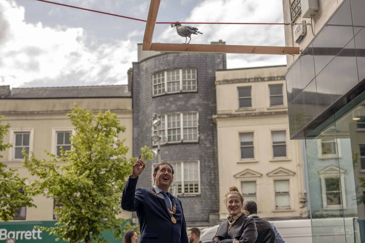 Lord Mayor of Cork, Cllr Kieran McCarthy, with artist Niamh McCann at the installation of the  new sculpture on Carey’s Lane, Cork]. Picture: Clare Keogh