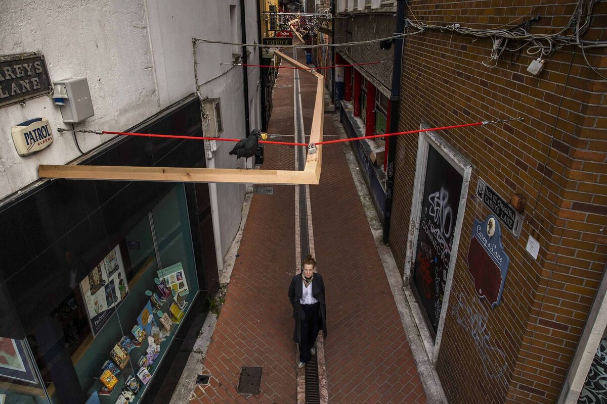 A bird's eye view of Niamh McCann and her  sculpture on Carey’s Lane, Cork. Picture: Clare Keogh  