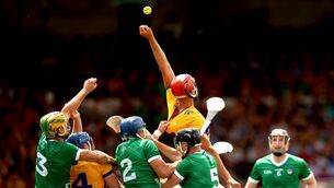 <p>Clare vs Limerick during the Munster GAA Senior Hurling Championship Final at the  TUS Gaelic Grounds, Co Limerick.</p>