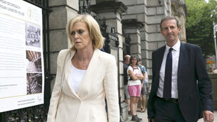 <p>RTÉ director of commercial Geraldine O'Leary  and chief financial officer Richard Collins arrive at Thursday's PAC meeting. Picture: Gareth Chaney/Collins</p>