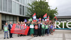 <p>Members of the NUJ union protesting outside RTÉ television studios in Donnybrook, Dublin 4. Picture: Gareth Chaney/Collins Photos</p>