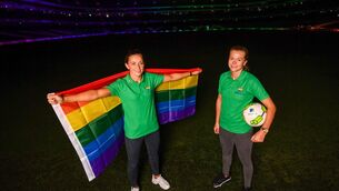 <p>ONELOVE: Republic of Ireland captain Katie McCabe with team-mate and partner Ruesha Littlejohn. Photo by Stephen McCarthy/Sportsfile</p>