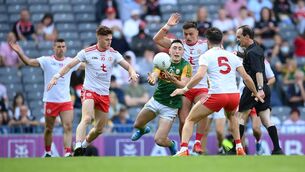 <p>CLOSE QUARTERS: Paudie Clifford of Kerry is surrounded by Tyrone players, from left, Conor Meyler, Michael McKernan and Tiernan McCann during the game. Pic: Stephen McCarthy/Sportsfile</p>