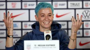 <p>'PARADIGM SHIFT': Megan Rapinoe of the US speaks to members of the media at Dignity Health Sports Park in Carson, California. Pic: Sean M. Haffey/Getty Images</p>