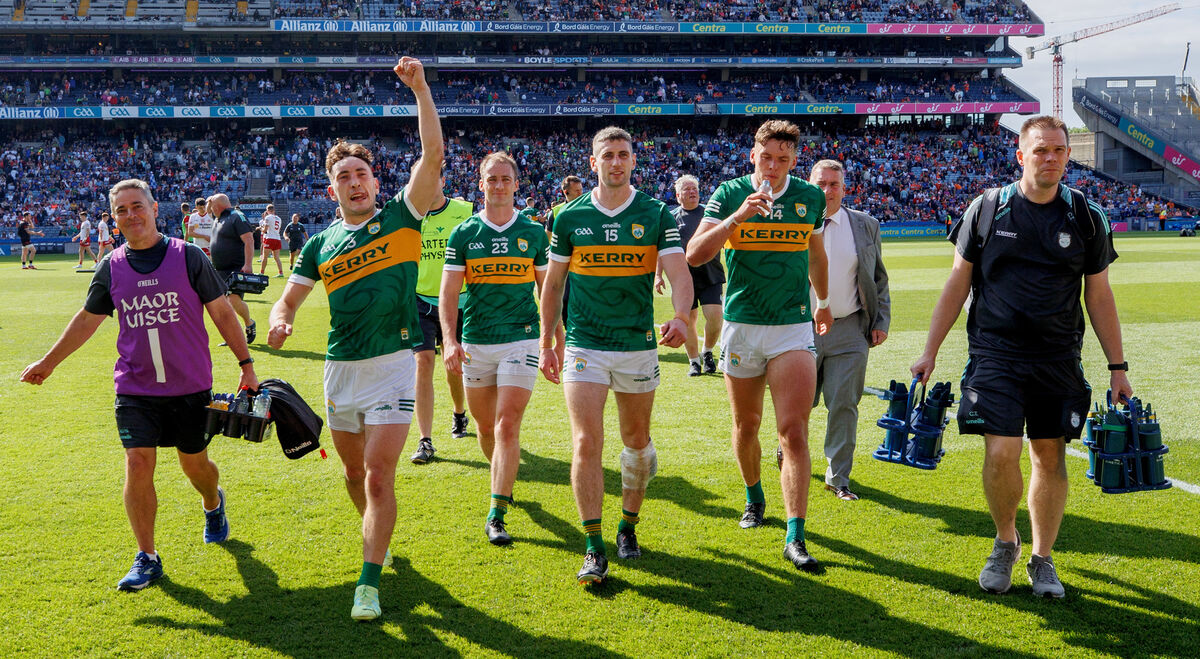 CLOCKING OFF:  Kerry’s Paudie Clifford, Stephen O'Brien, Paul Geaney and David Clifford after the game. Picture: INPHO/James Crombie