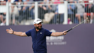 <p>England’s Andy Sullivan celebrates making a birdie on the 18th hole in round three of the Betfred British Masters at The Belfry (David Davies/PA)</p>