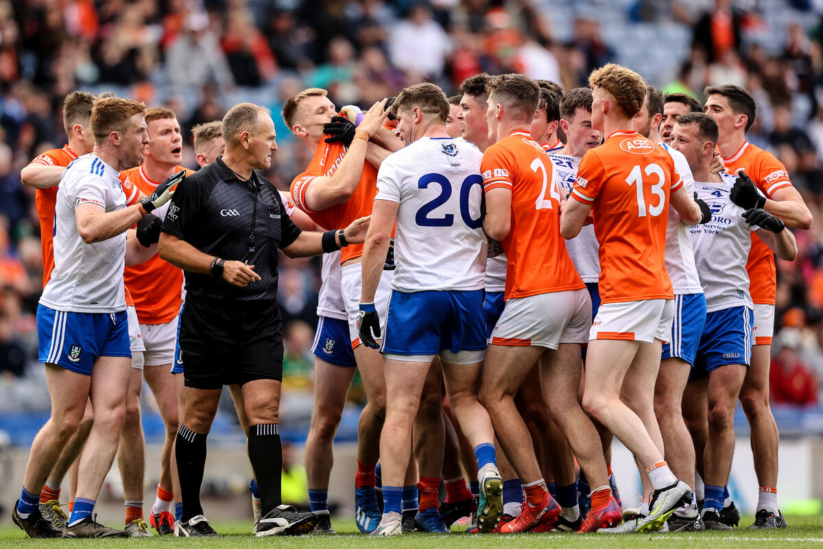 ALL IN: Tempers flare between the two teams as the whistle blows at the end of normal time. Picture: INPHO/Ben Brady ALL IN: Tempers flare between the two teams as the whistle blows at the end of normal time. Picture: INPHO/Ben Brady
