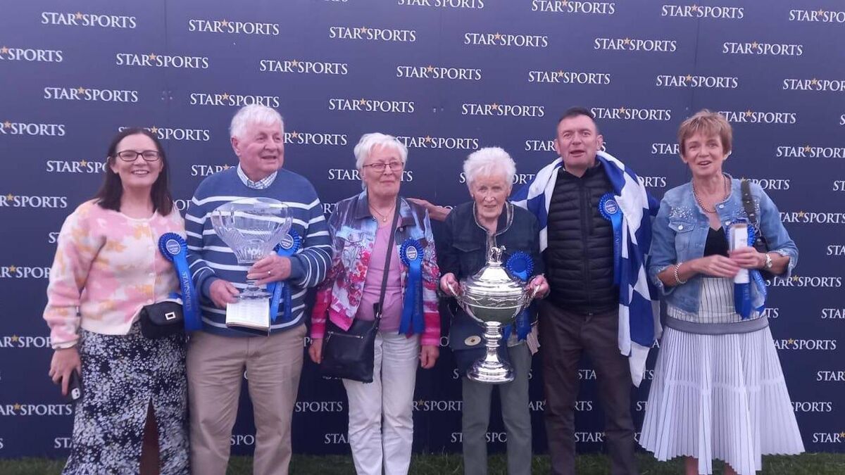 DERBY DELIGHT: Gaytime Nemo pulled off a famous victory for the O'Connell family on Saturday night. Pictured are Eimear Lehane, Der Lehane, Brid Lehane, Stephanie O'Connell, Brendan O’Connell, Deirdre O'Connell.